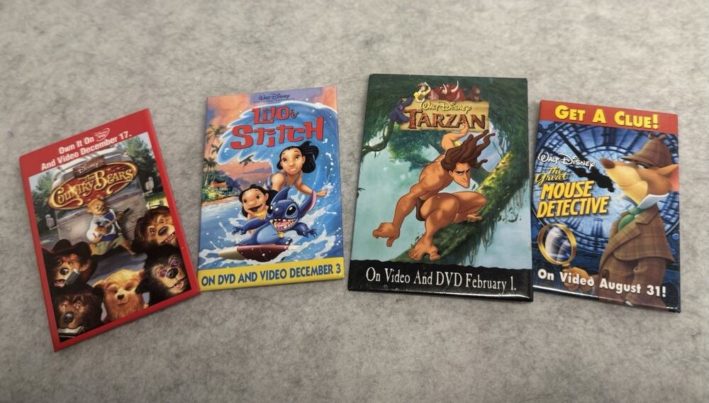 Vintage Lot of 4 Disneys Tarzan Stitch Mouse Detective Country Movie Promo Pins